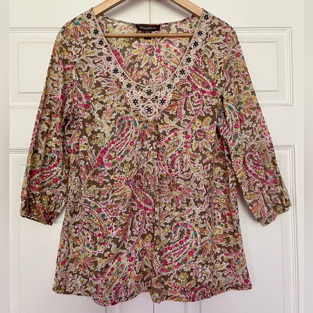 {Tommy Bahama} Paisley Print Blouse with Embellished Neckline - Women's Medium